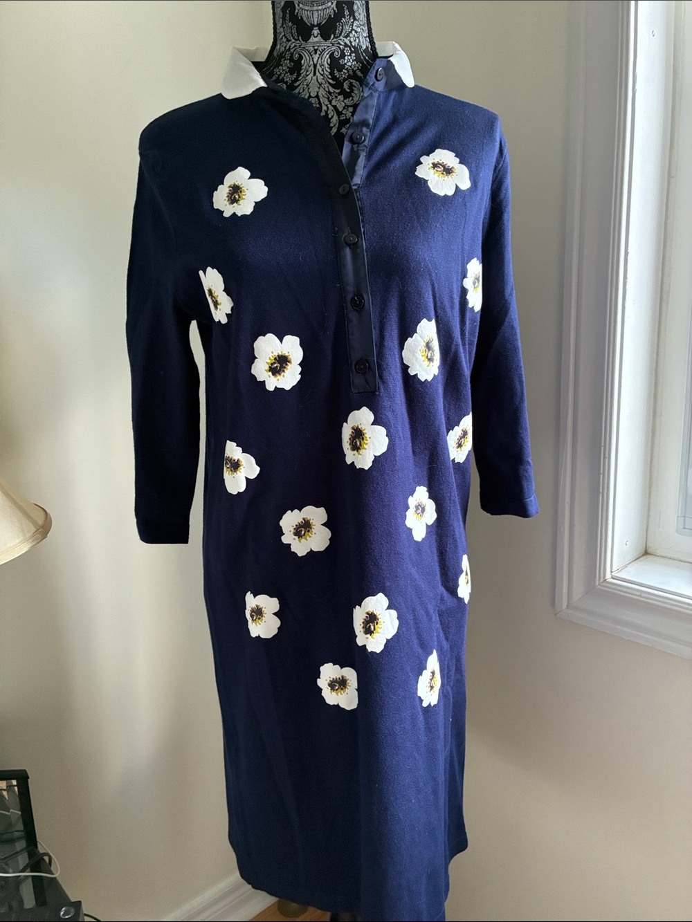 Navy Floral Knit Polo Dress with White Collar